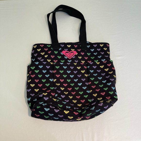Roxy Bag Blue Green Yellow Pink Hearts Black Tote Bag Canvas - Picture 1 of 5